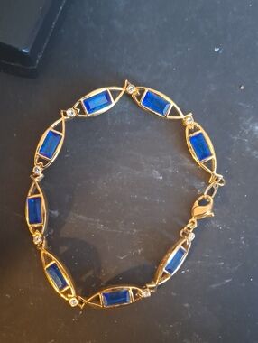 Gold Bracelet with Deep Blue Rhinestone Inlay - Women's Jewelry By BUTLER